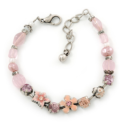Vintage Inspired Pink Enamel, Crystal Flower, Freshwater Pearl, Glass Bead Bracelet In Silver Tone - 16cm Length/ 4cm Extension - main view