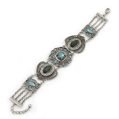 Victorian Style Filigree, Green, Blue Coloured Bead Bracelet In Antique Silver Tone - 17cm L/ 3cm Ext - main view