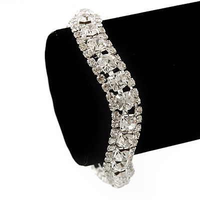 Clear Swarovski Crystal Curved Bracelet In Rhodium Plated Metal - 17cm Length