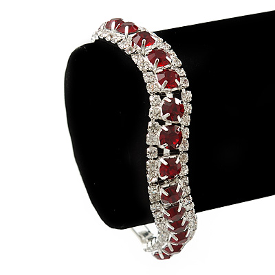 Clear/ Ruby Red Coloured Swarovski Crystal Curved Bracelet In Rhodium Plated Metal - 17cm Length - main view