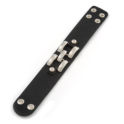 Wide Black Leather Style Silver Tone Buckle Bracelet - 22cm Length