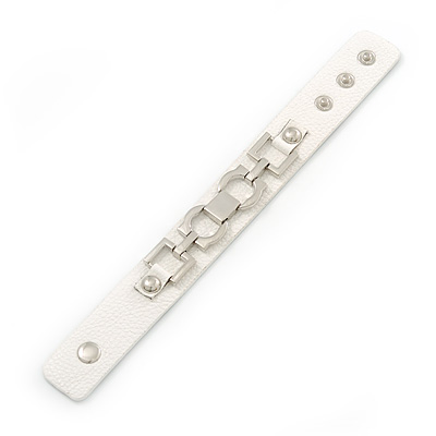 White Leather Style Silver Tone Buckle Strap Bracelet - 20cm L - main view