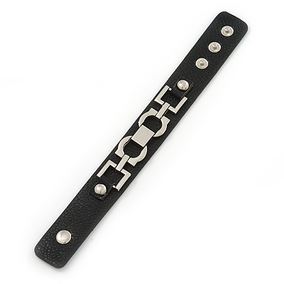 Black Leather Style Silver Tone Buckle Strap Bracelet - 20cm L - main view