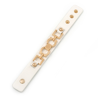 White Leather Style Gold Tone Buckle Strap Bracelet - 20cm L - main view