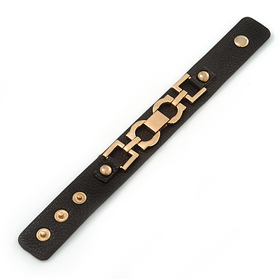 Black Leather Style Gold Tone Buckle Strap Bracelet - 20cm L - main view