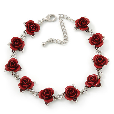 Romantic Red Rose Bracelet In Rhodium Plating - 18cm Length/ 6cm Extension - main view
