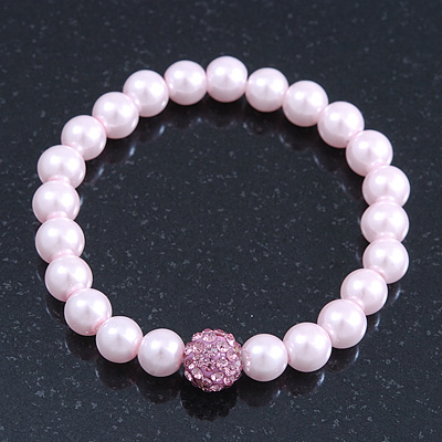 Pale Pink Glass Bead With Pink Swarovski Crystal Ball Flex Bracelet - 18cm Length