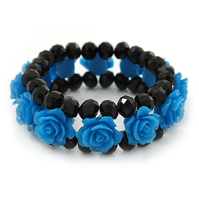 Romantic Sky Blue Resin Rose, Black Glass Bead Flex Bracelet - 19cm Length