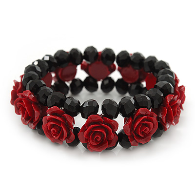 Romantic Dark Red Resin Rose, Black Glass Bead Flex Bracelet - 19cm Length - main view