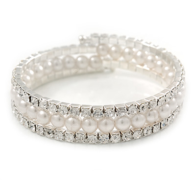 Bridal/ Prom White Simulated Pearl, Clear Crystal Wrap Flex Bracelet In Silver Tone - Adjustable - main view