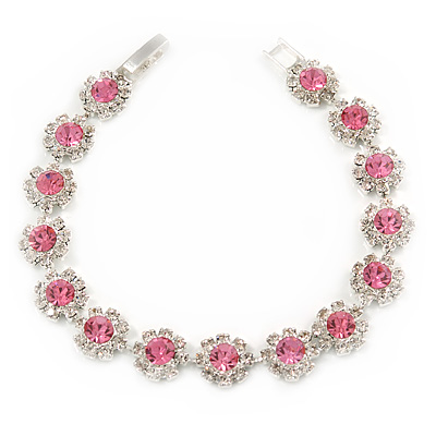 Light Pink/ Clear Austrian Crystal Floral Bracelet In Rhodium Plated Metal - 17cm L - main view