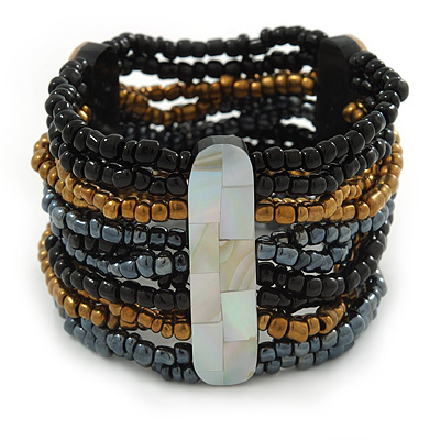 Wide Multistrand Black, Hematite, Bronze Glass Beaded Flex Bracelet With Mother Of Pearl Bars - 20cm L - main view