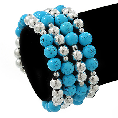 Light Blue Ceramic & Worn Silver Tone Acrylic Bead Coiled Flex Bracelet - Adjustable - main view