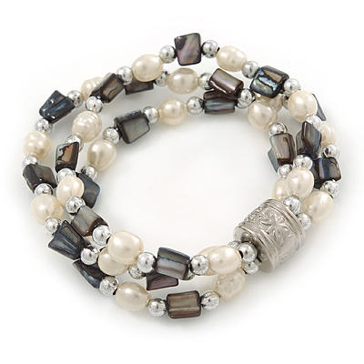 3 Strand Freshwater Pearl, Slate Black Shell Nugget Flex Bracelet - 20cm L - main view