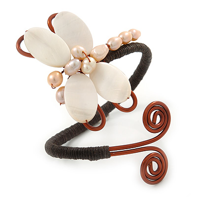 Freshwater Pearl, Mother Of Pearl Butterfly Copper Wire Flex Bracelet - main view