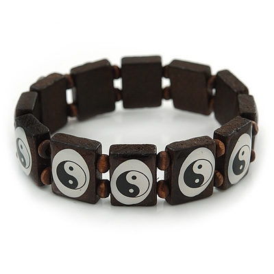 'Yin Yang' Stretch Brown Wooden Bracelet - Adjustable