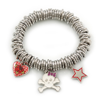 PINK COOKIE IN PURSE Hearts, Skull, Star Charm Round Link Flex Bracelet In Rhodium Plating - 17cm L (For Small Wrist)