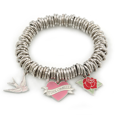 PINK COOKIE IN PURSE Hearts, Rose, Swallow Charm Round Link Flex Bracelet In Rhodium Plating - 17cm L (For Small Wrist)