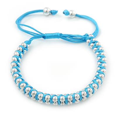 Plaited Light Blue Silk Cord With Silver Tone Bead Friendship Bracelet - Adjustable