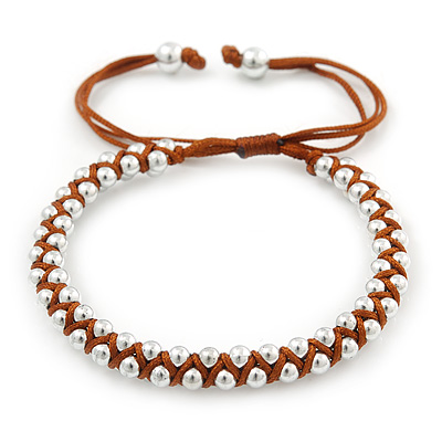 Plaited Brown Silk Cord With Silver Tone Bead Friendship Bracelet - Adjustable