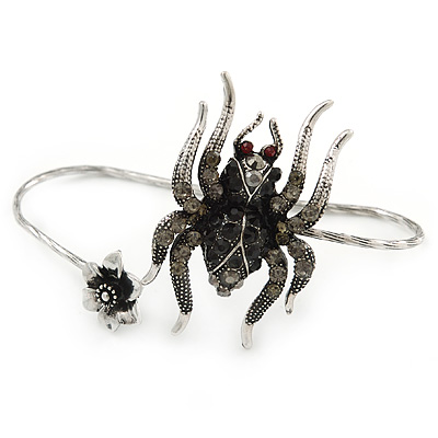 Silver Black, Grey Crystal Spider Palm Bracelet - Up to 19cm L/ Adjustable