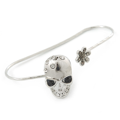 Silver Tone Crystal Skull Palm Bracelet - Up to 19cm L/ Adjustable