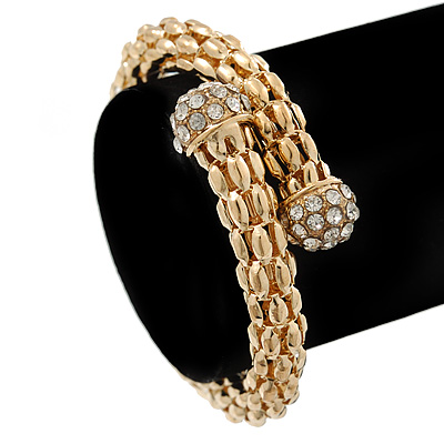 Gold Tone Mesh Flex Crystal Bangle Bracelet - Adjustable - main view