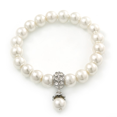 Prom, Bridal, Wedding 10mm White Glass Pearl Flex Bracelet With Crystal Rings - 19cm Length - main view