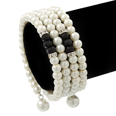 White Faux Pearl, Black Glass Bead Coil Flex Bracelet - Adjustable - main view