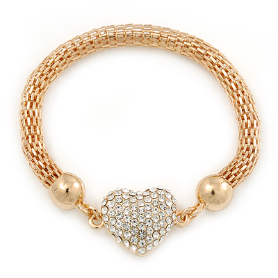 Gold Tone Mesh Bracelet With Crystal Heart Magnetic Closure - 17cm Length - main view