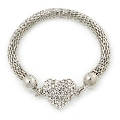 Silver Tone Mesh Bracelet With Crystal Heart Magnetic Closure - 17cm Length - main view