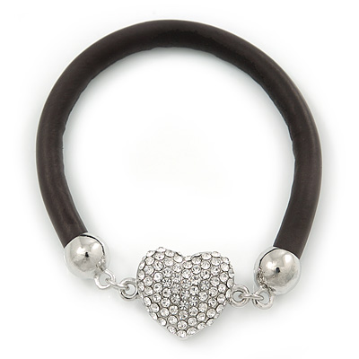 Black Rubber Bracelet With Crystal Heart Magnetic Closure - 17cm L - For small wrist