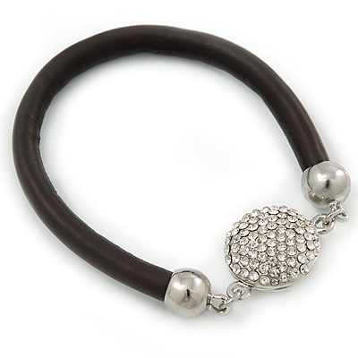 Black Rubber Bracelet With Crystal Button Magnetic Closure In Silver Tone - 17cm L - For small wrist - main view