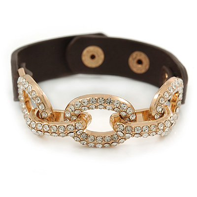 Clear Crystal Oval Link With Faux Brown Leather Bracelet In Gold Tone - 19cm L