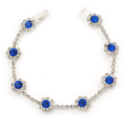 Sapphire Blue/ Clear Swarovski Crystal Floral Bracelet In Rhodium Plated Metal - 17cm L - main view