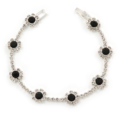 Black/ Clear Swarovski Crystal Floral Bracelet In Rhodium Plated Metal - 17cm L - main view
