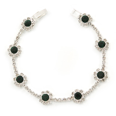 Emerald Green/ Clear Swarovski Crystal Floral Bracelet In Rhodium Plated Metal - 17cm L - main view