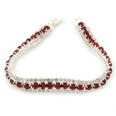 Clear/ Burgundy Red Austrian Crystal Bracelet In Rhodium Plated Metal - 17cm Length - main view