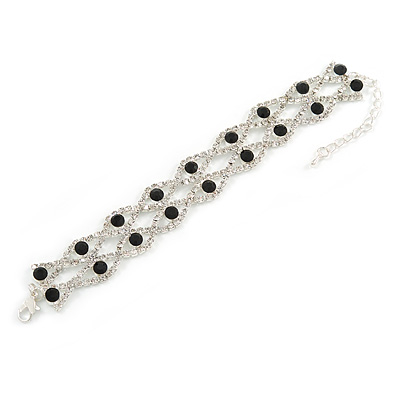 Two Row Clear/ Black Austrian Crystal Bracelet In Silver Tone Metal - 15cm L/ 5cm Ext