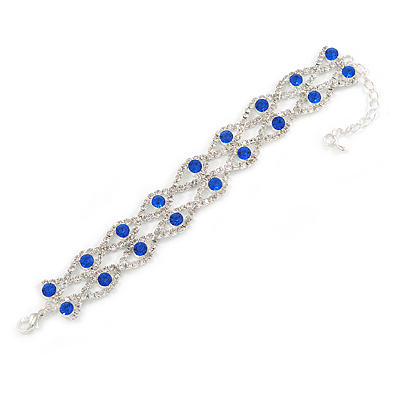 Two Row Clear/ Sapphire Blue Austrian Crystal Bracelet In Silver Tone Metal - 15cm L/ 5cm Ext - main view
