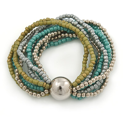 Silver/ Grey/ Olive/ Green Multistrand Glass Bead Flex Bracelet With A Silver Mirrored Ball - 19cm L - main view