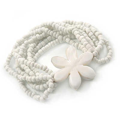 Multistrand White Glass Bead Flex Bracelet with Mother of Pearl Flower Pendant - 19cm L - main view