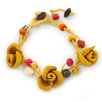 Handmade Yellow Leather Rose, Beaded Bracelet with Button and Loop Closure - 16cm L/ 2cm Ext - main view