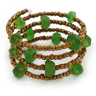 Multistrand Bronze/ Green Glass Bead Flex Bracelet - Adjustable - main view