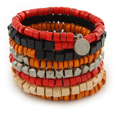 Wide Red/ Black/ Orange Wooden Bead Coil Flex Bracelet - Adjustable - main view