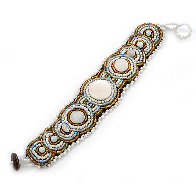 Handmade Boho Style Beaded, Shell Wristband Bracelet (White, Gold, AB) - 18cm L