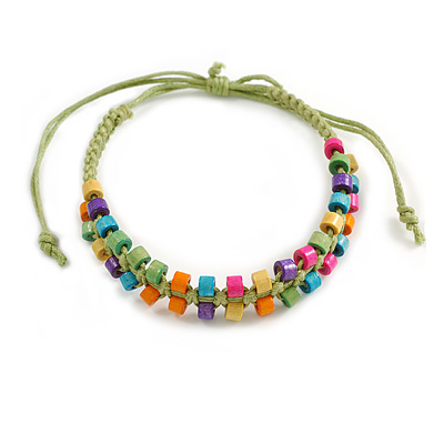 Multicoloured Wood Bead Friendship Bracelet With Light Green Cord - Adjustable - main view