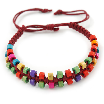 Multicoloured Wood Bead Friendship Bracelet With Dark Red Cord - Adjustable - main view