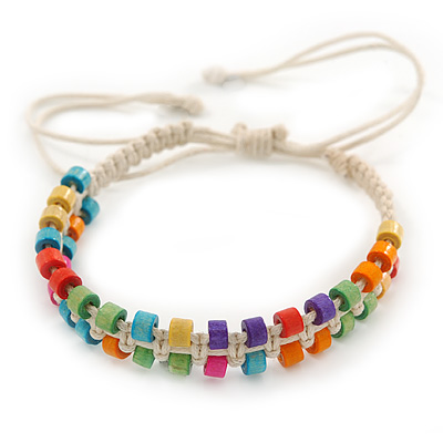Multicoloured Wood Bead Friendship Bracelet With White Cord - Adjustable - main view