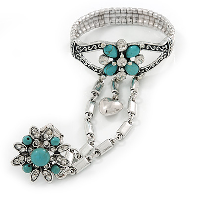 Vintage Inspired Round Turquoise Flower Flex Bracelet With Ring Attached - 20cm Length, Ring Size 7/8 - main view